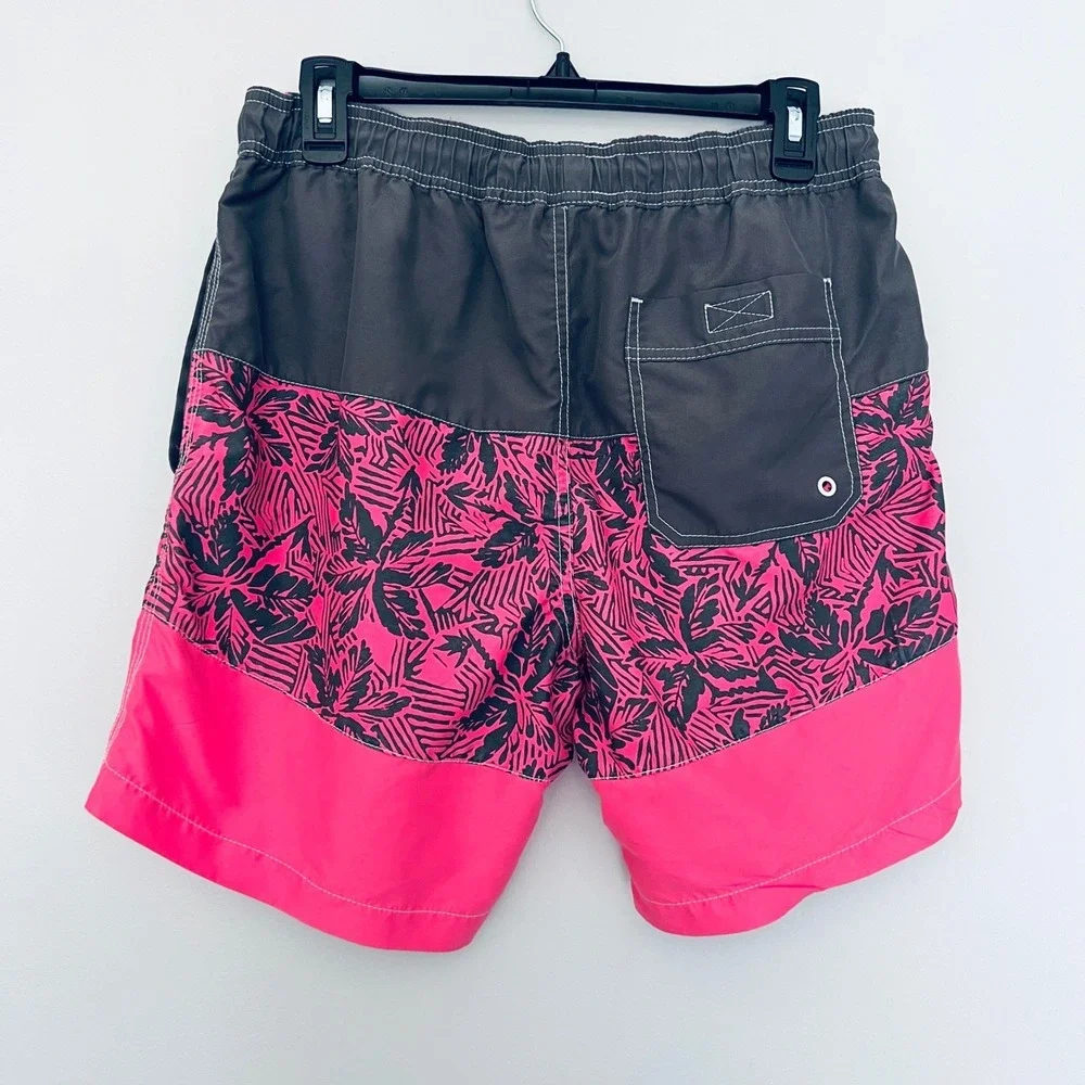 Mens Colorblock Tropical Palm Swim Trunks‎ Neon Pink Charcoal Board Shorts M